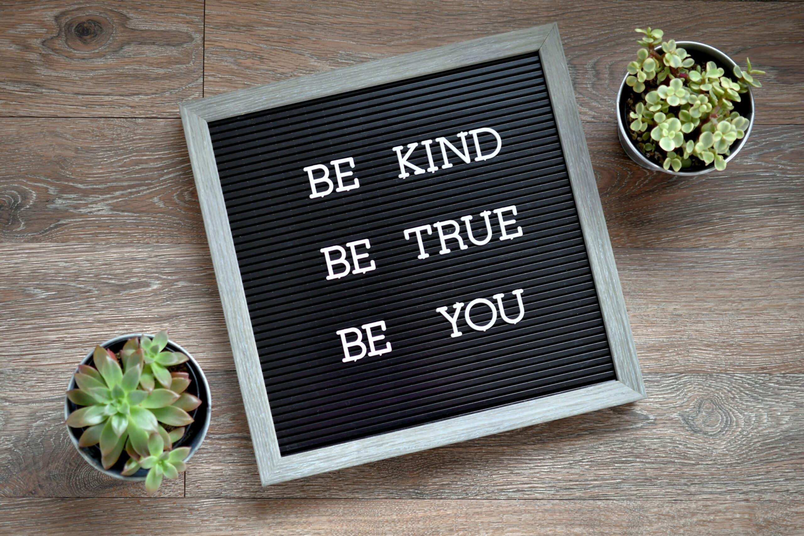 Be Kind, Be True, Be You message board sign with succulent plants
